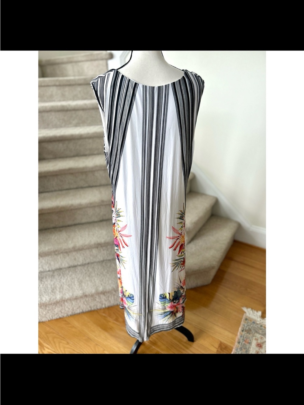 Chico's Black & White Stripe Tropical Floral Midi Dress, Size 3, (XL 16-18) - Picture 3 of 6